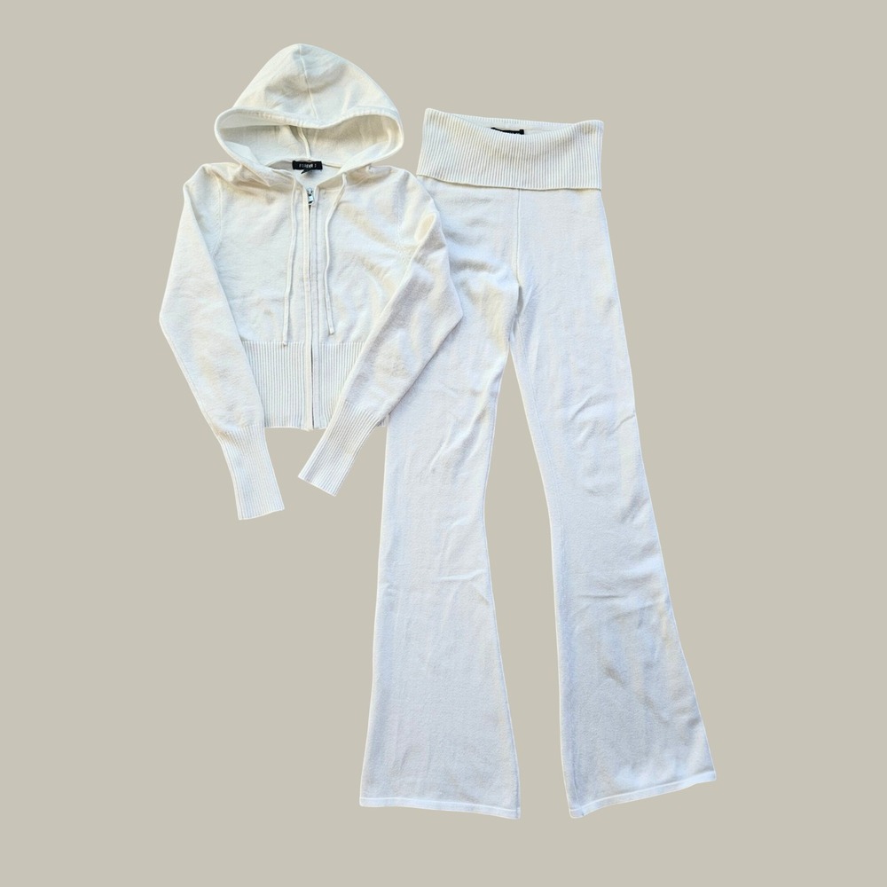 Forever 21 Women Ivory Knit 2-Piece Lounge Set Zip Hoodie Flare Pants Small